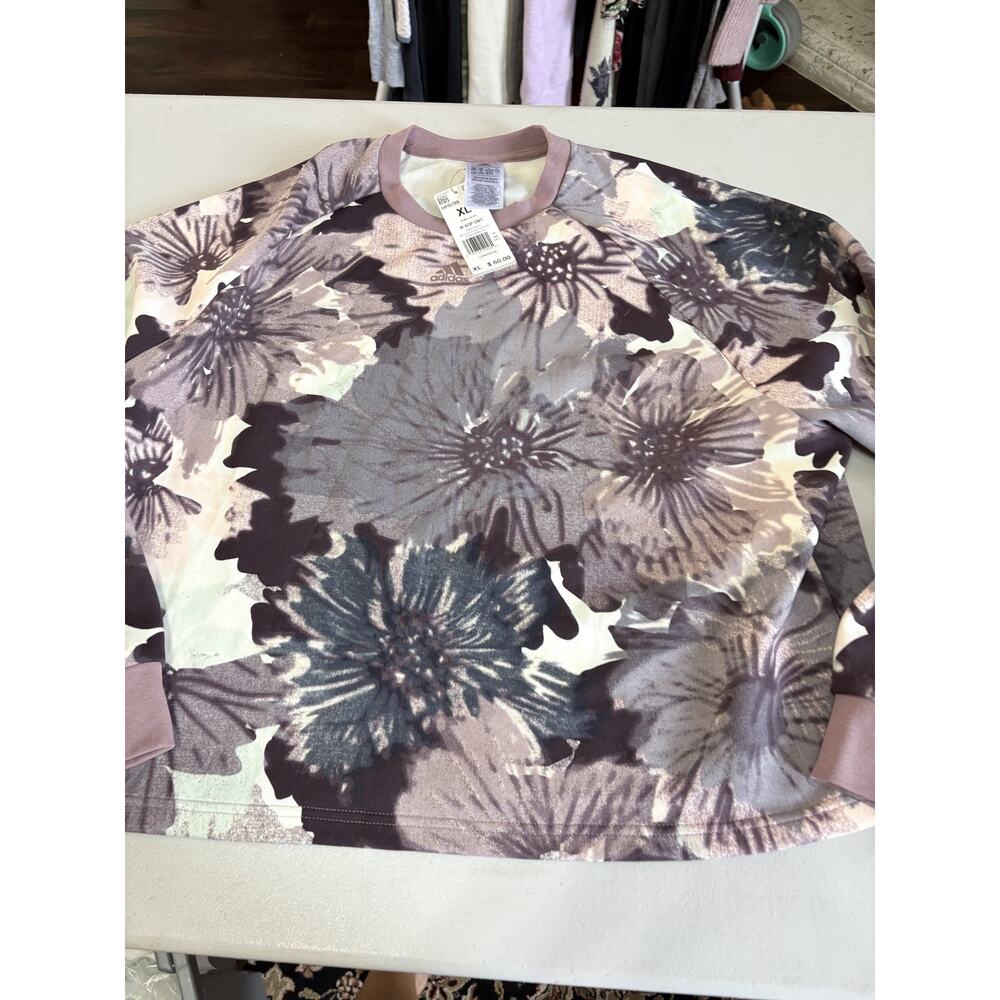 Adidas Women's Allover Floral Print Purple Crop Crew Sweatshirt Size XL